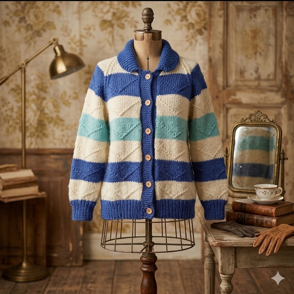 Vintage Handknit Striped Cardigan Sweater | Wood Buttons | Cozy Heritage Knit
